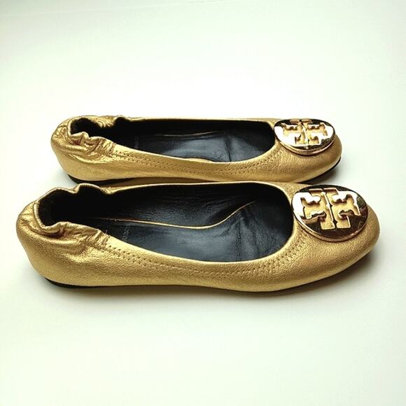 Tory Burch Logo Spark Gold Leather Minnie Travel Ballet Flats Size 5.5M - Picture 9 of 13